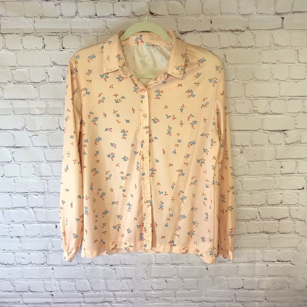 Miss K Vintage 70s Peach Floral Button Up Long Sleeve Cottagecore Blouse Size S